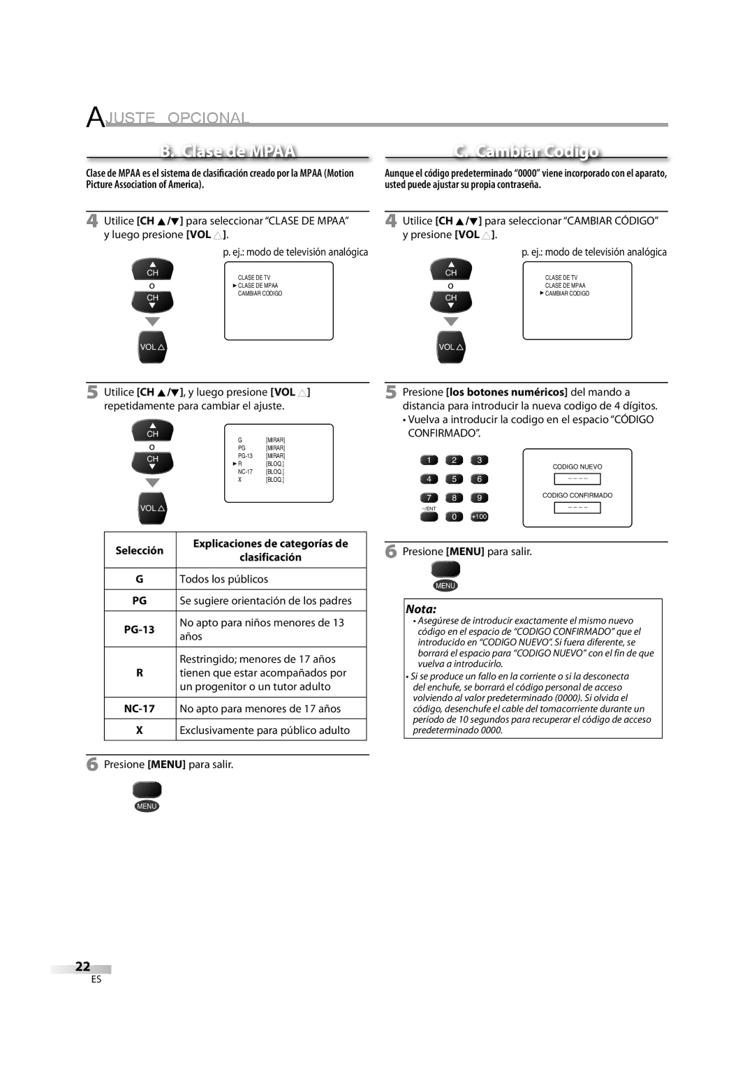 FUNAI CR270TT8 owner manual Selección Explicaciones de categorías de Clasificación 