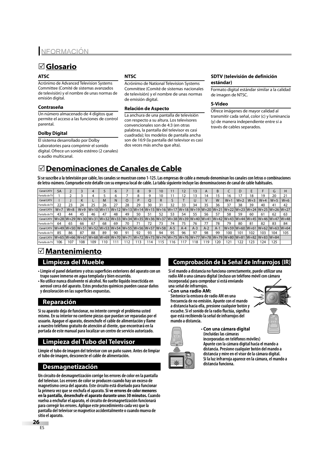 FUNAI CR270TT8 owner manual Información, Glosario, 5Denominaciones de Canales de Cable, Mantenimiento 