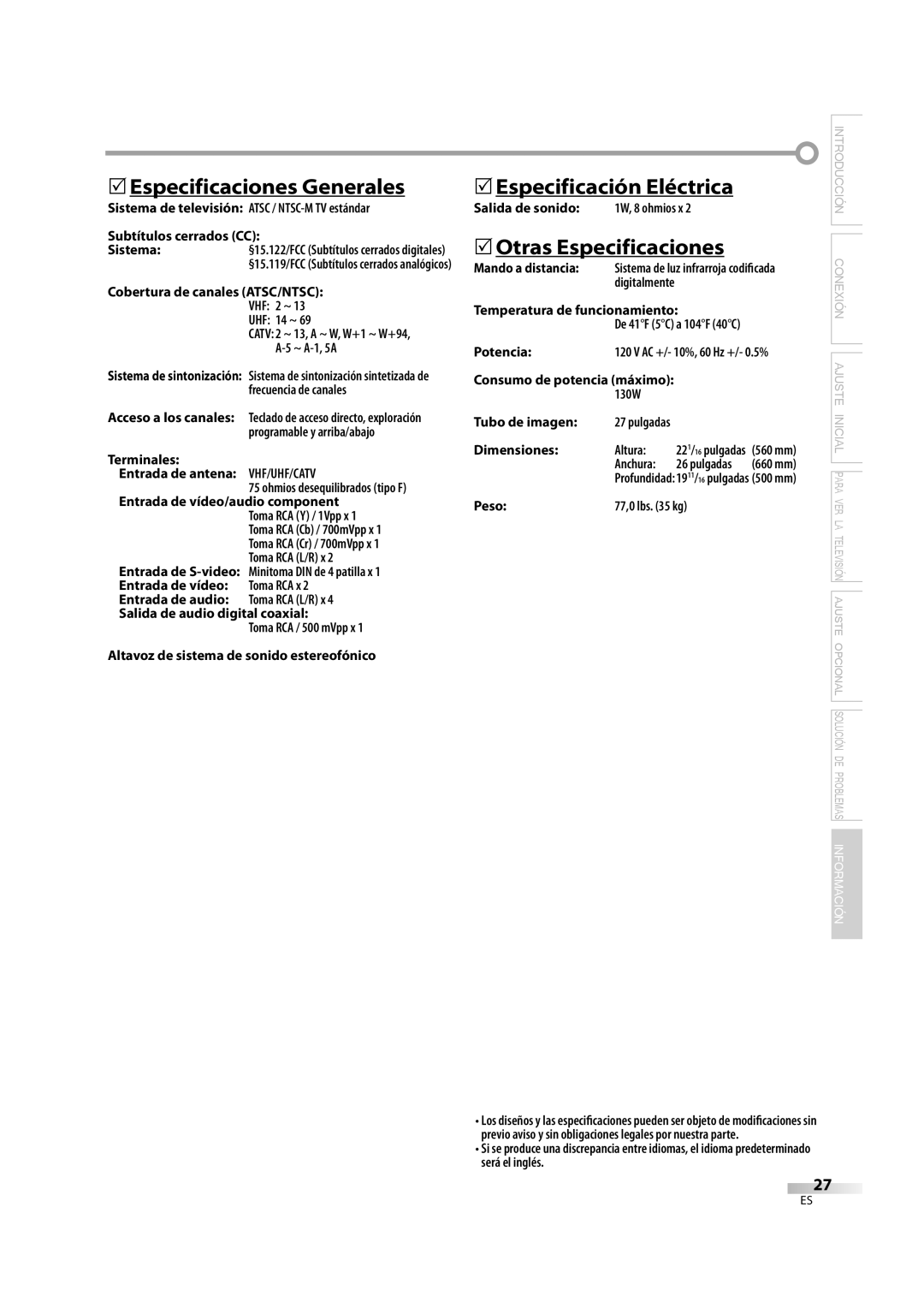 FUNAI CR270TT8 owner manual 5Especificaciones Generales, 5Especificación Eléctrica, 5Otras Especificaciones 