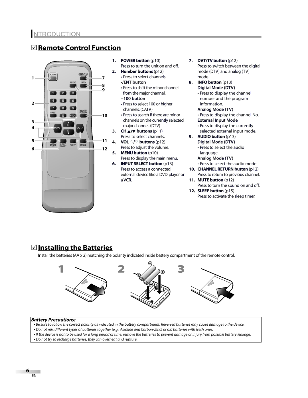 FUNAI CR270TT8 owner manual 5Remote Control Function, 5Installing the Batteries 