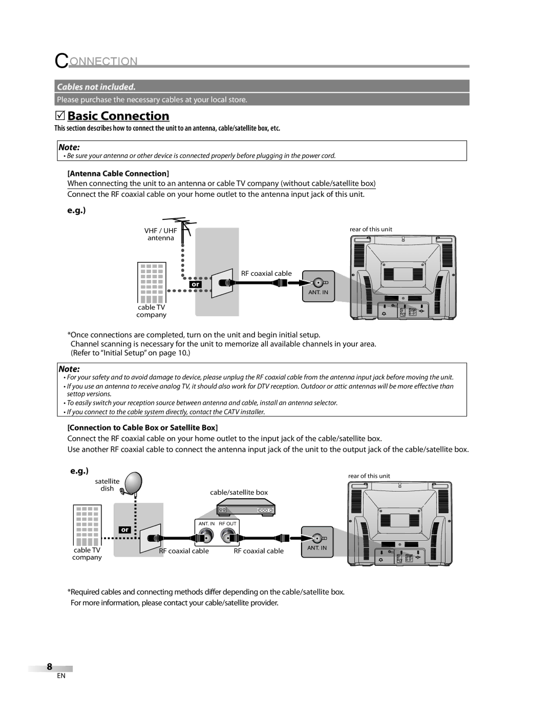 FUNAI CR270TT8 owner manual 5Basic Connection, Antenna Cable Connection, Connection to Cable Box or Satellite Box 