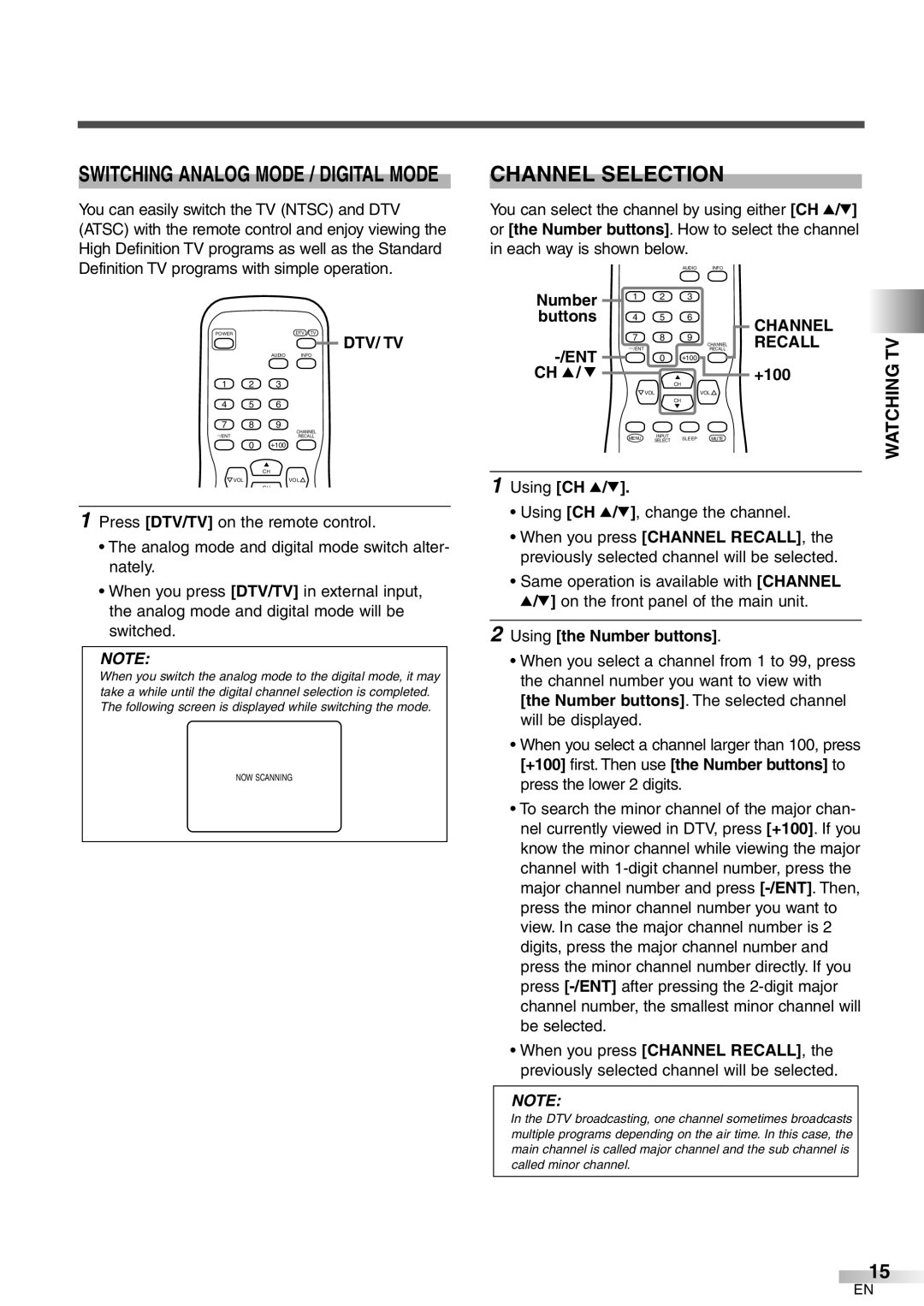 FUNAI CR272IL8 owner manual Channel Selection, Watching TV, Dtv/ Tv, Recall 