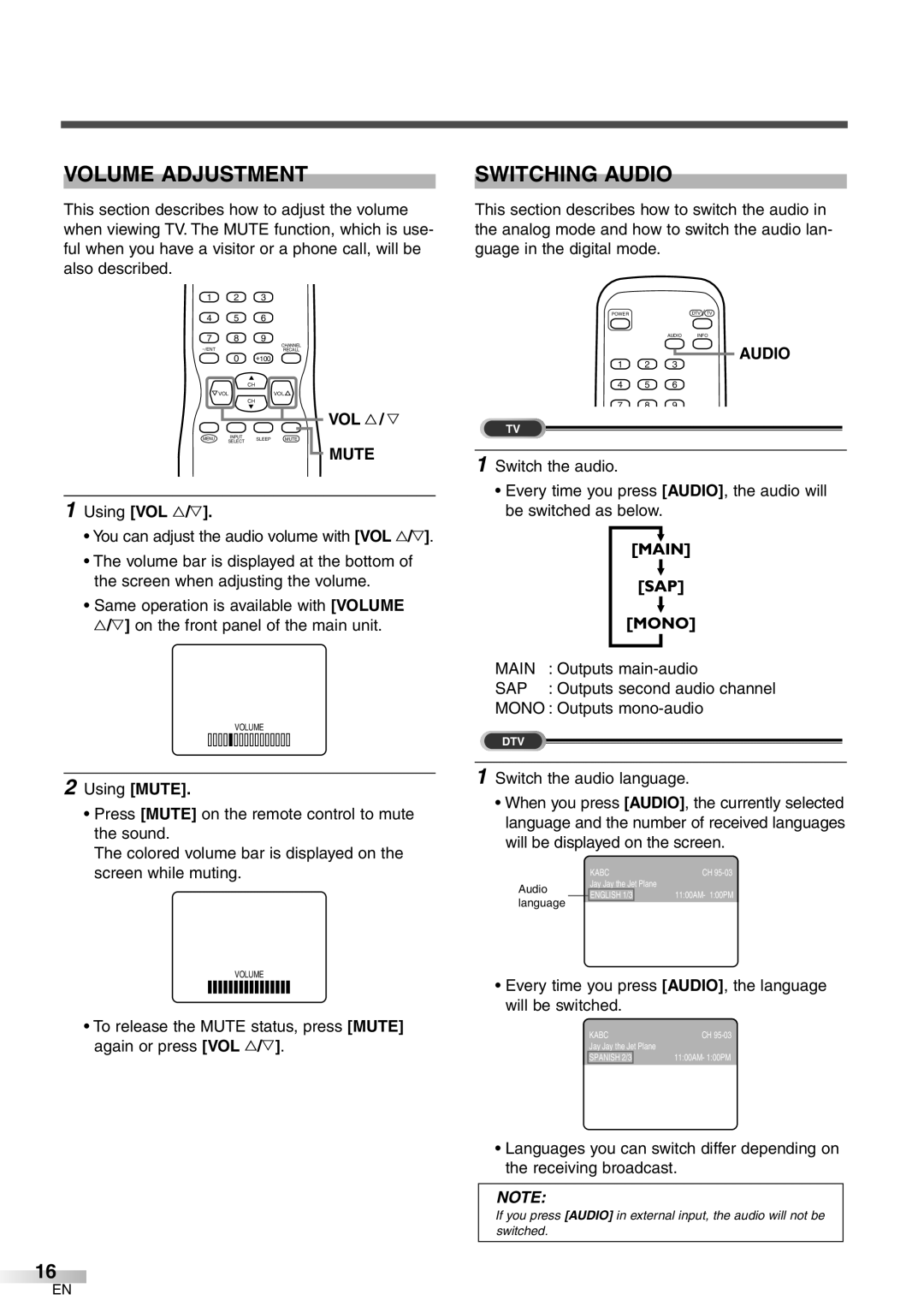 FUNAI CR272IL8 owner manual Volume Adjustment, Switching Audio, Mute 