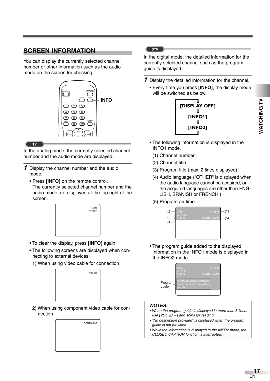 FUNAI CR272IL8 owner manual Screen Information, Program air time, When using component video cable for con- nection 