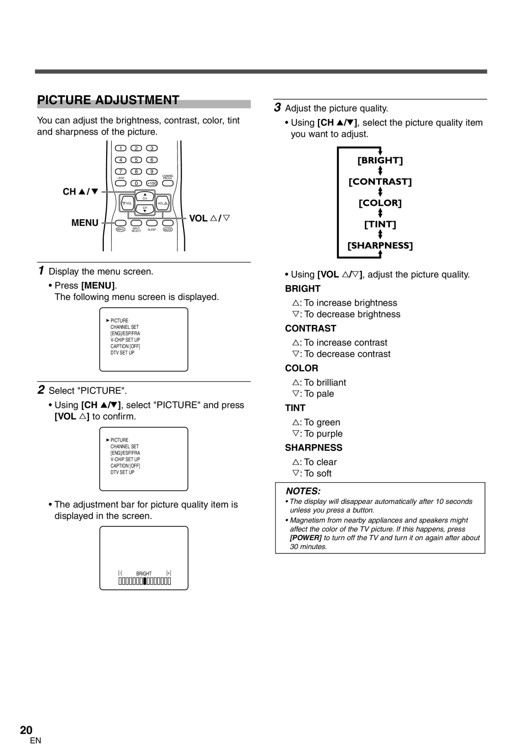 FUNAI CR272IL8 owner manual Picture Adjustment 