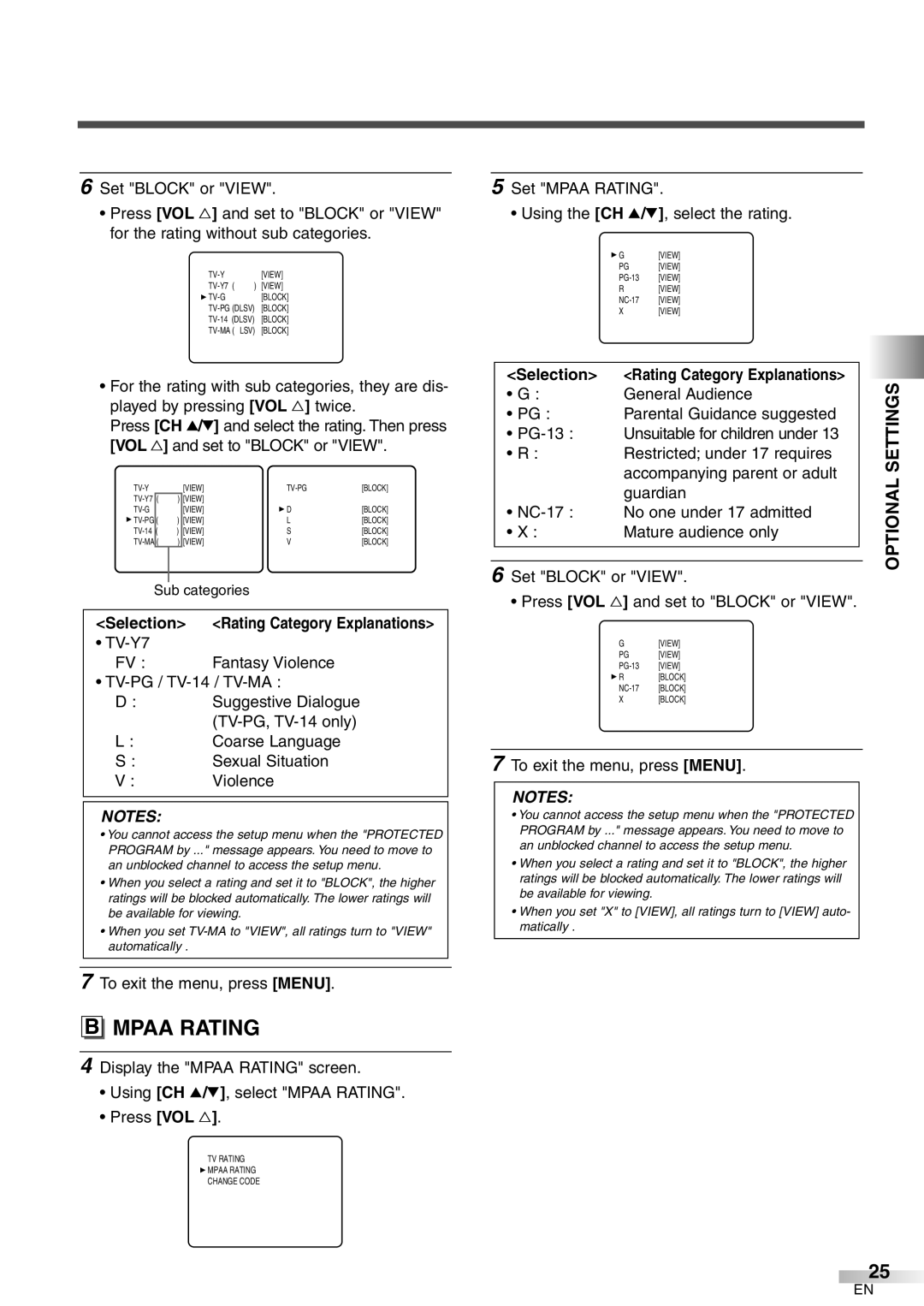 FUNAI CR272IL8 owner manual Set Mpaa Rating Using the CH K/L, select the rating, To exit the menu, press Menu 