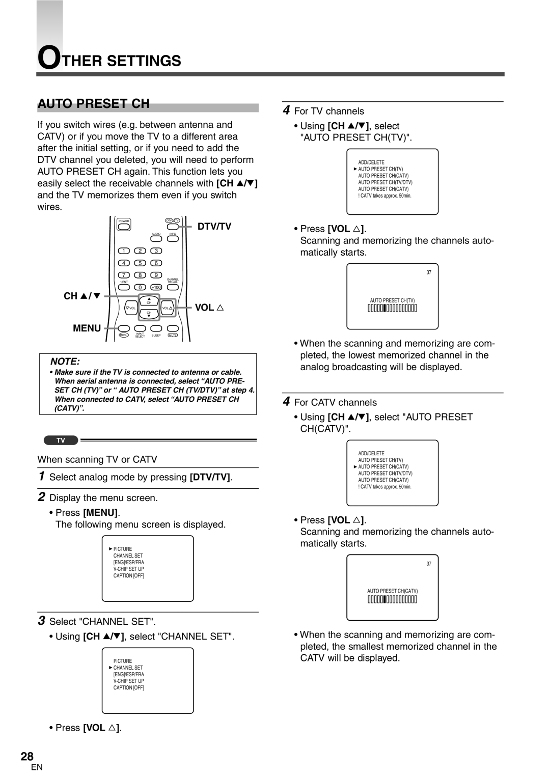 FUNAI CR272IL8 owner manual Other Settings, Auto Preset CH, Dtv/Tv, Select Channel SET Using CH K/L, select Channel SET 