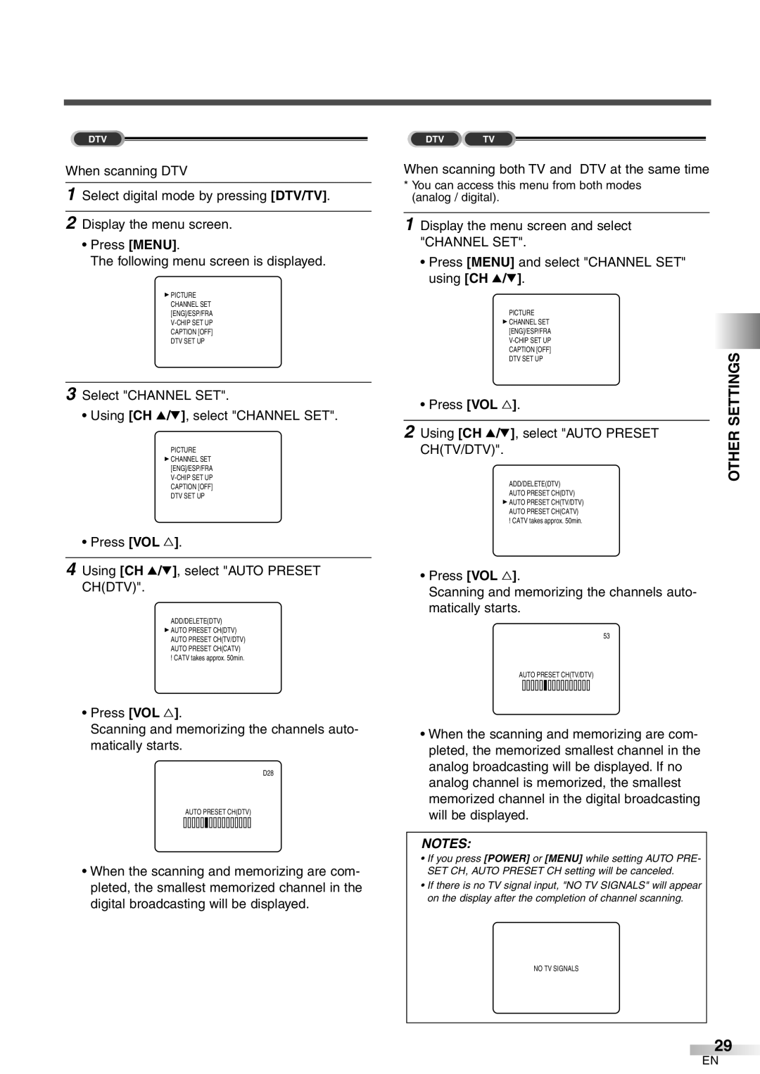 FUNAI CR272IL8 owner manual Other Settings, Press VOL Using CH K/L, select Auto Preset Chdtv 