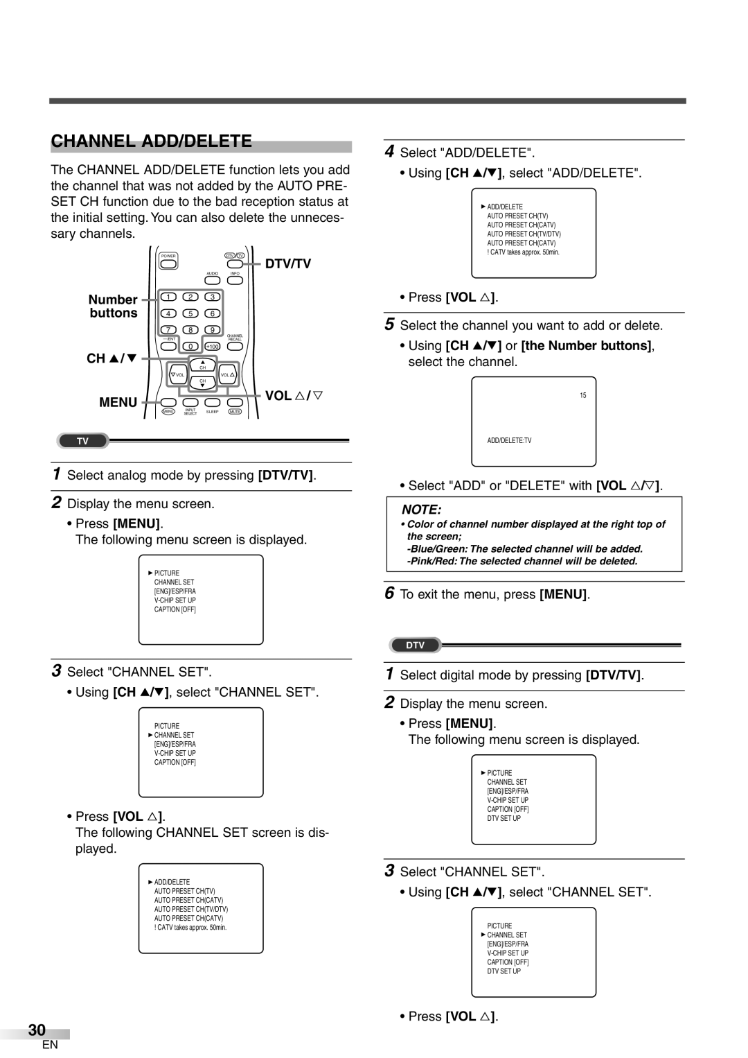 FUNAI CR272IL8 owner manual Channel ADD/DELETE, Using CH K/L or the Number buttons, select the channel 