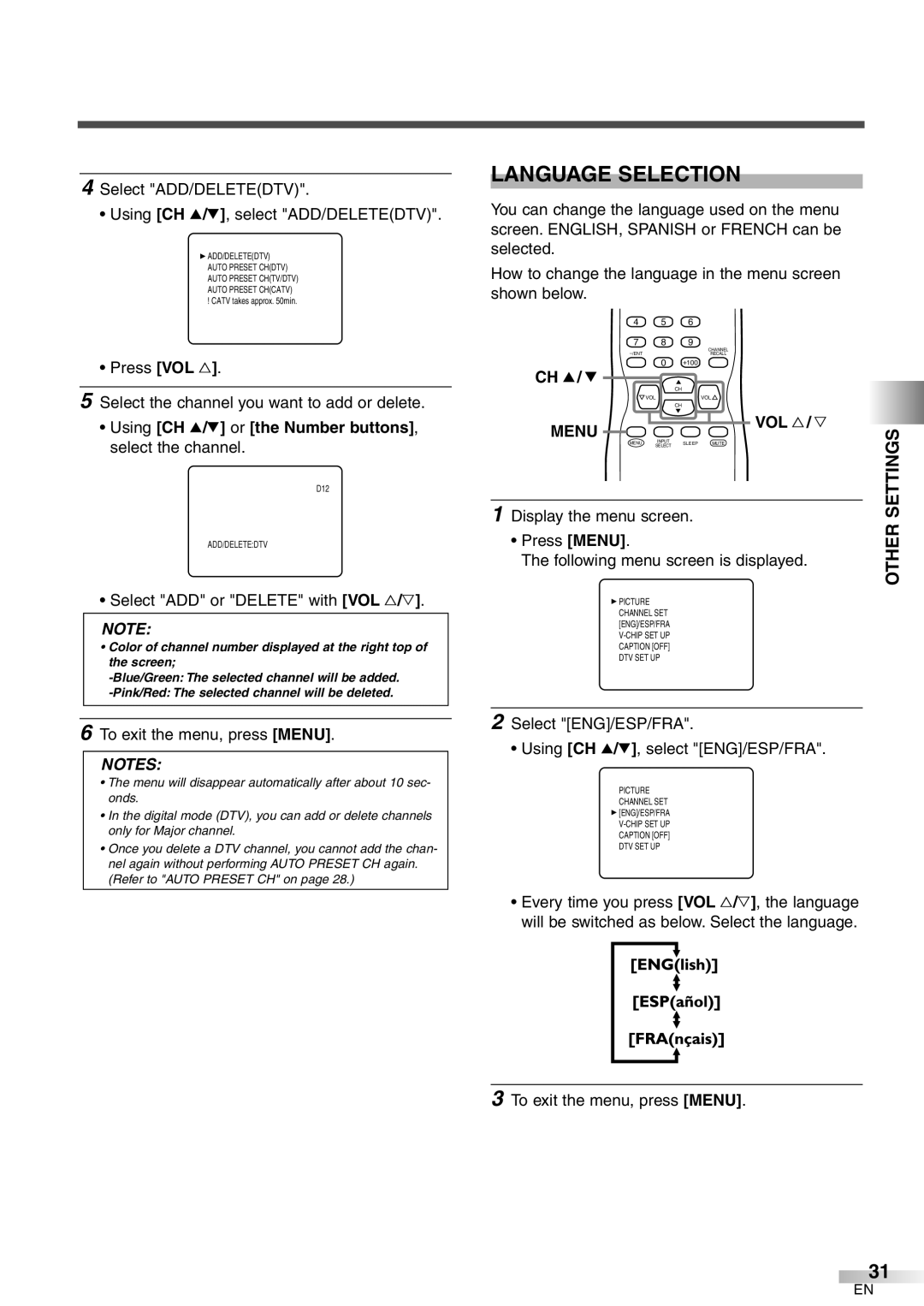 FUNAI CR272IL8 owner manual Language Selection, Other, Menu VOL X / Y 