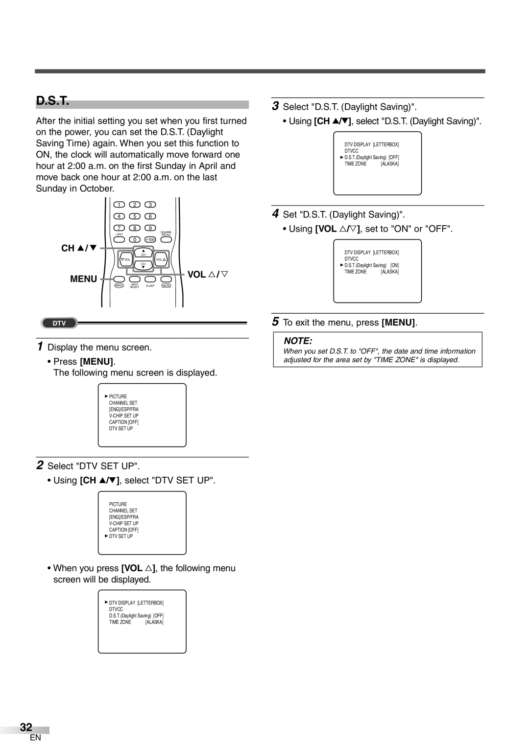 FUNAI CR272IL8 owner manual Select DTV SET UP Using CH K/L, select DTV SET UP 