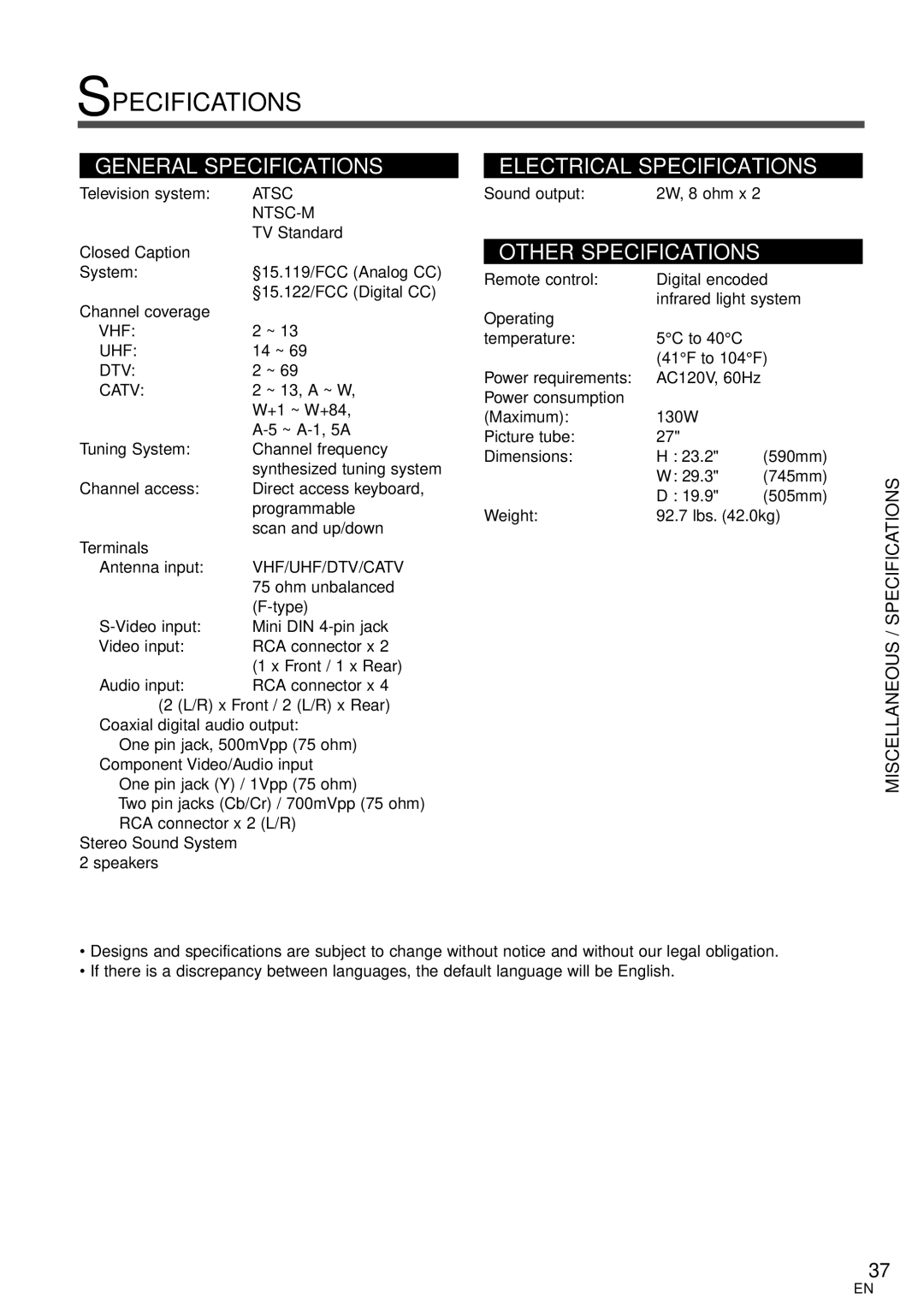 FUNAI CR272IL8 owner manual Miscellaneous / Specifications, Atsc NTSC-M 