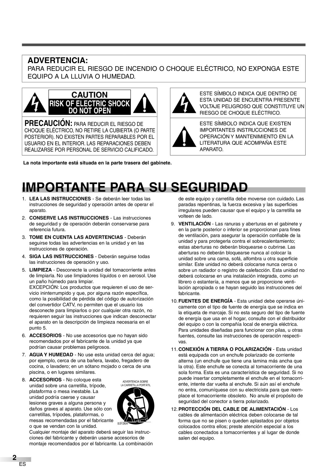 FUNAI CR272IL8 owner manual Importante Para SU Seguridad 