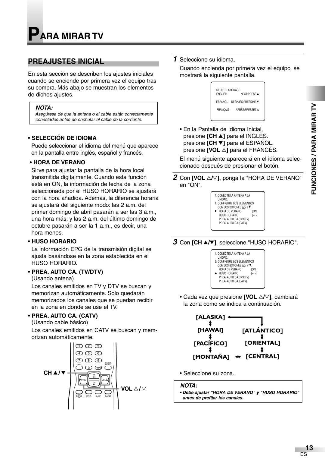 FUNAI CR272IL8 owner manual Para Mirar TV, Preajustes Inicial, Funciones / Para 