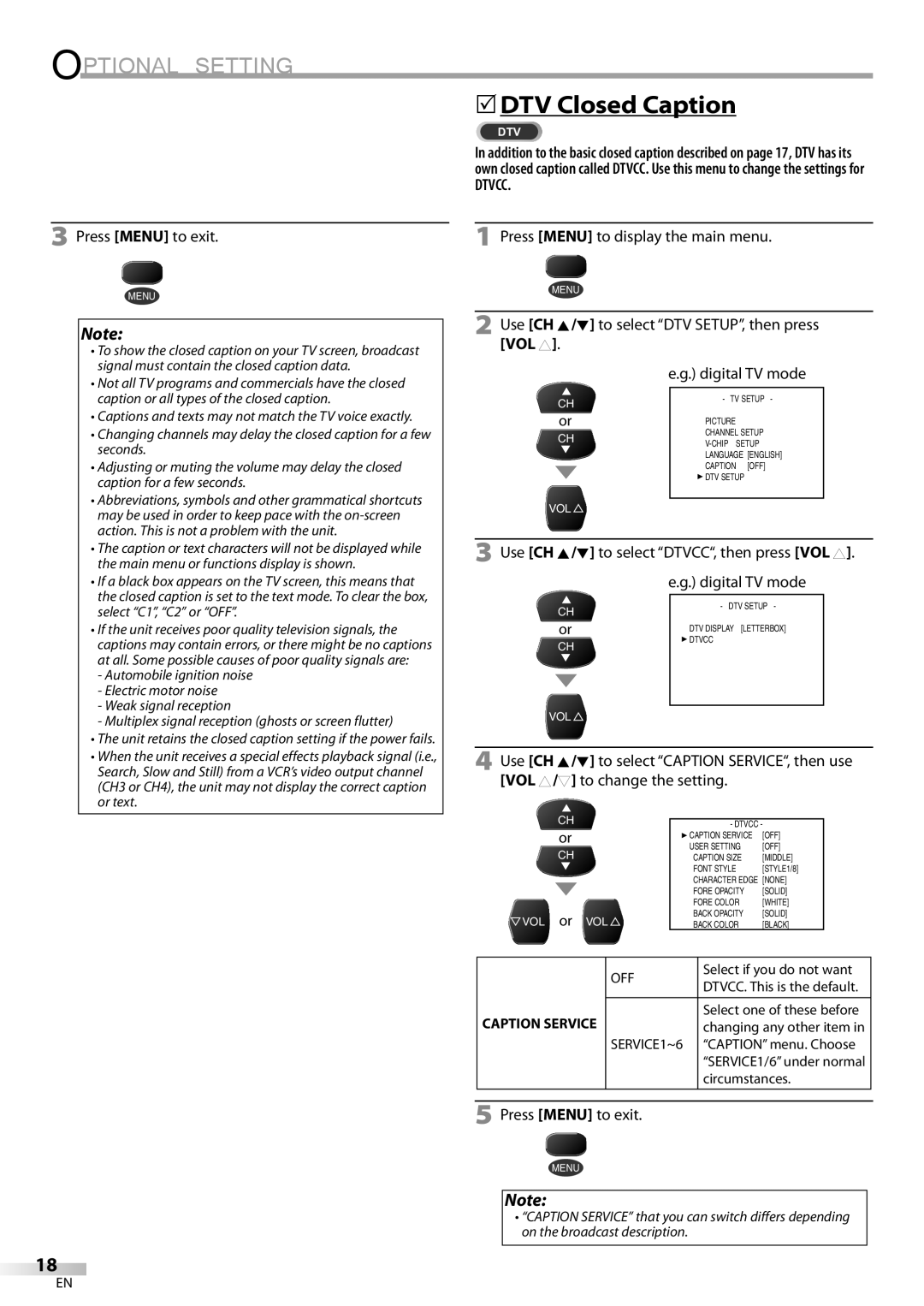 FUNAI CR320IL8 A owner manual 5DTV Closed Caption, Dtvcc, Use CH K/L to select DTVCC, then press VOL Digital TV mode 