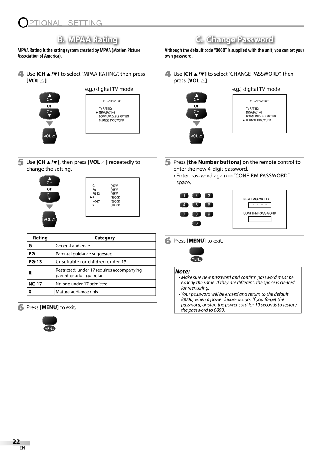 FUNAI CR320IL8 A owner manual Enter password again in Confirm Password space, PG-13, NC-17 