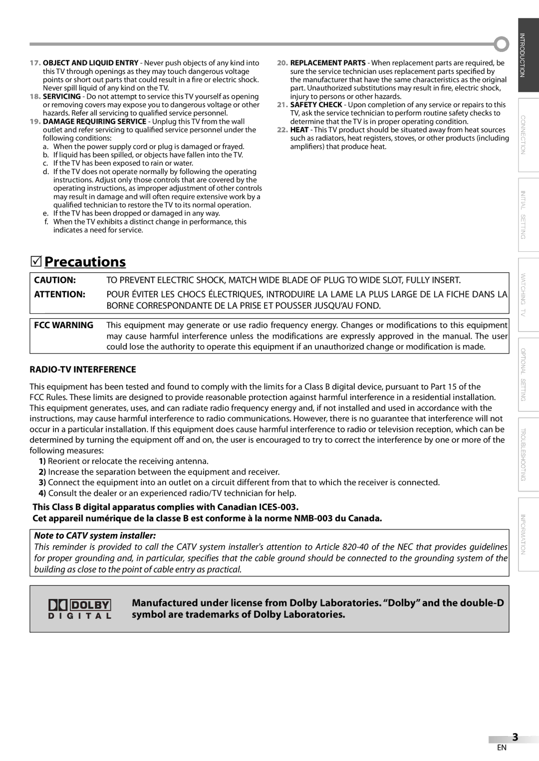 FUNAI CR320IL8 A owner manual Precautions, RADIO-TV Interference 