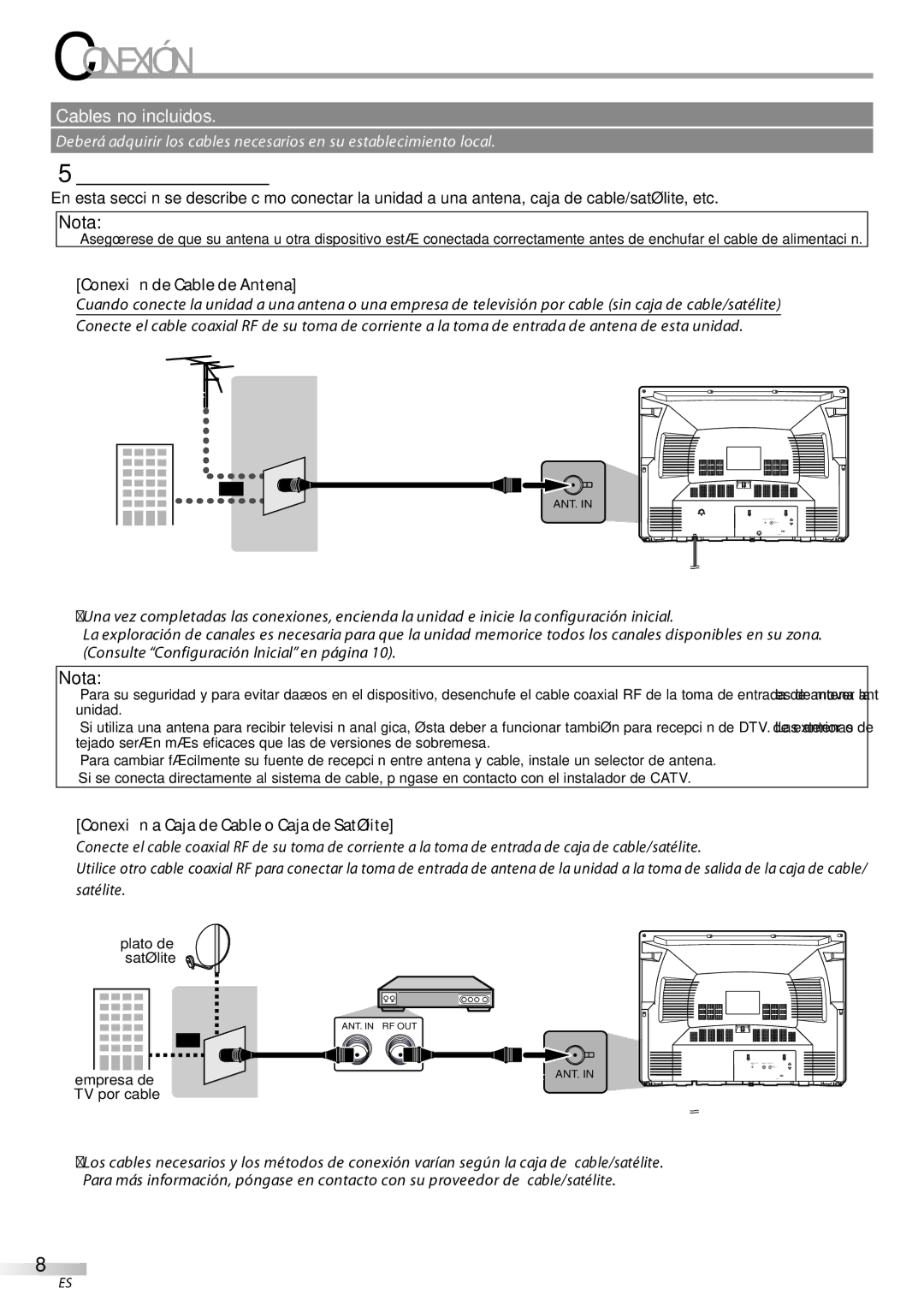 FUNAI CR320IL8 A 5Conexión Básica, Conexión de Cable de Antena, Conexión a Caja de Cable o Caja de Satélite 