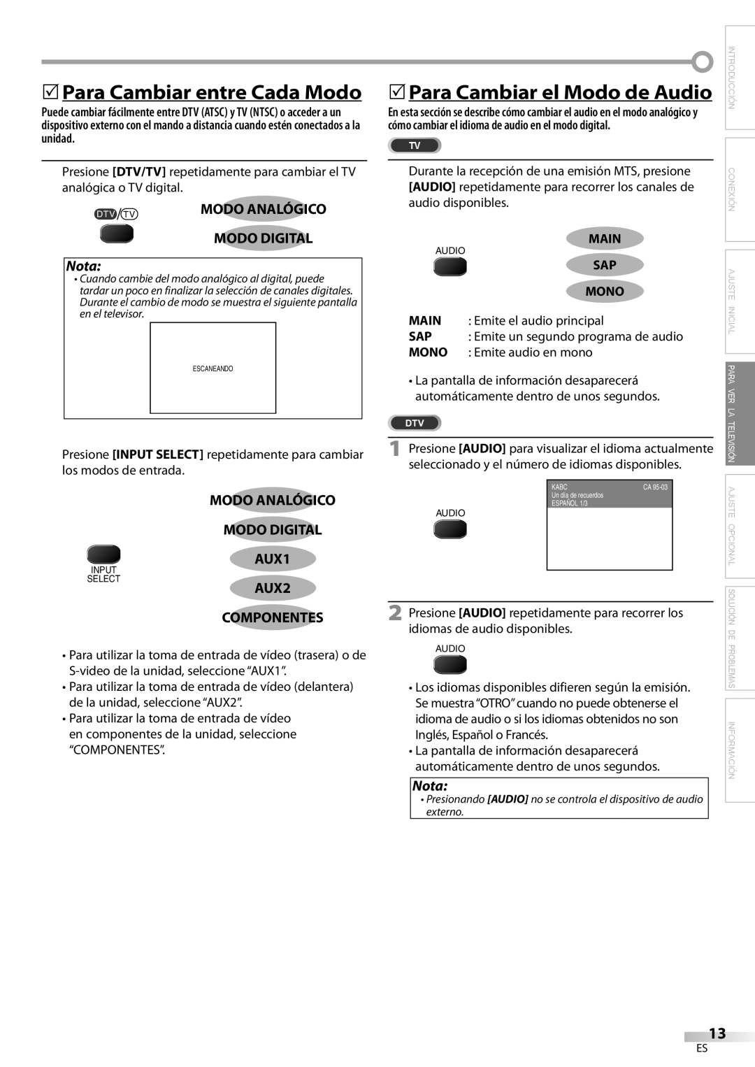 FUNAI CR320IL8 A owner manual 5Para Cambiar entre Cada Modo, Modo Analógico, Modo Digital, Mono Main 