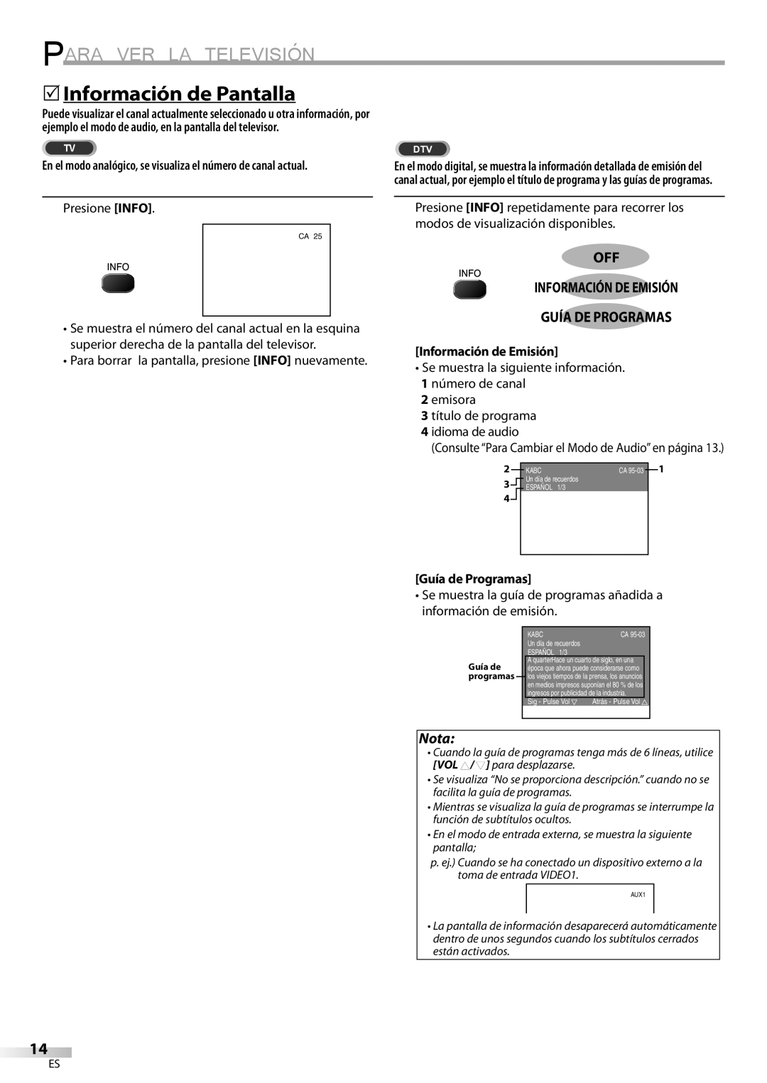 FUNAI CR320IL8 A owner manual 5Información de Pantalla, Presione Info, Para borrar la pantalla, presione Info nuevamente 