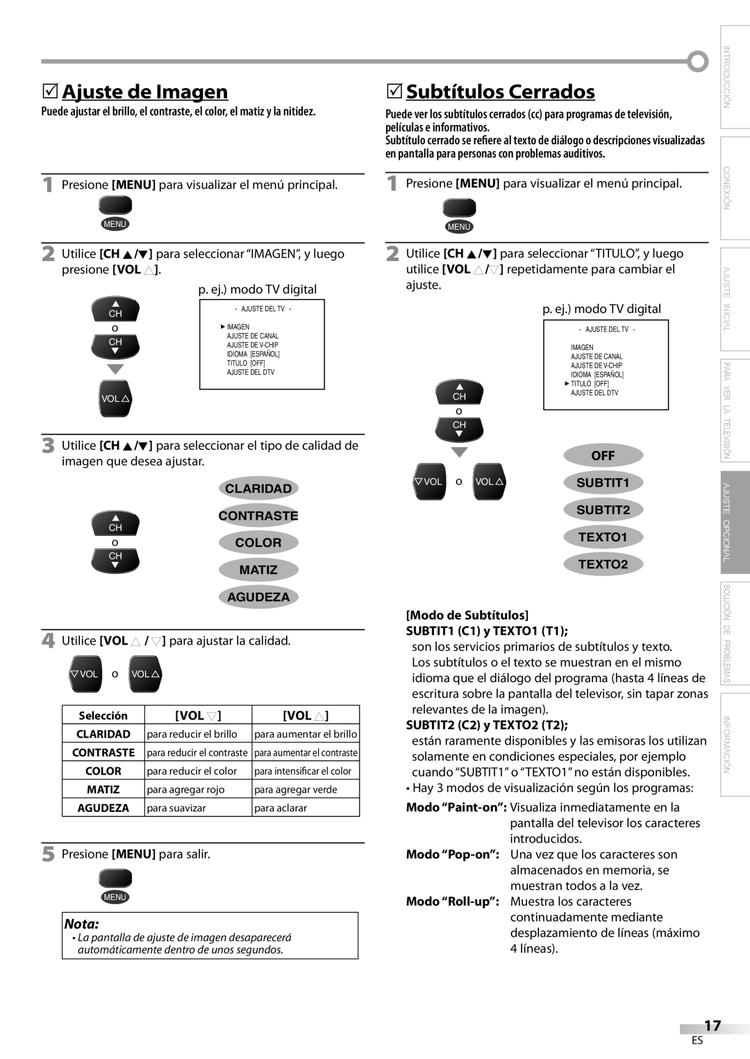 FUNAI CR320IL8 A owner manual 5Ajuste de Imagen, Off, Modo de Subtítulos, SUBTIT2 C2 y TEXTO2 T2 