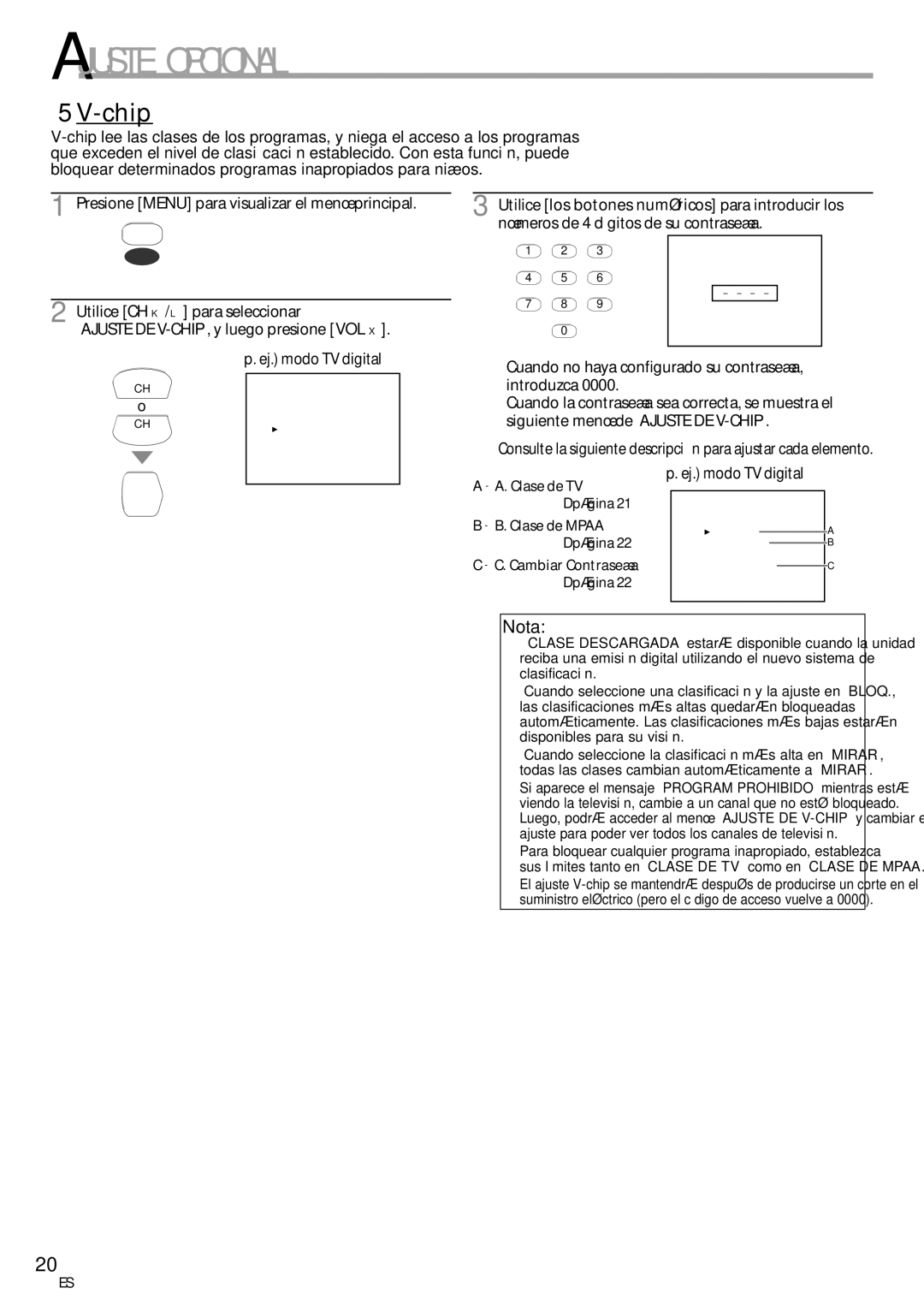 FUNAI CR320IL8 A owner manual Cuando no haya configurado su contraseña, introduzca, Clase de TV, Clase de Mpaa 