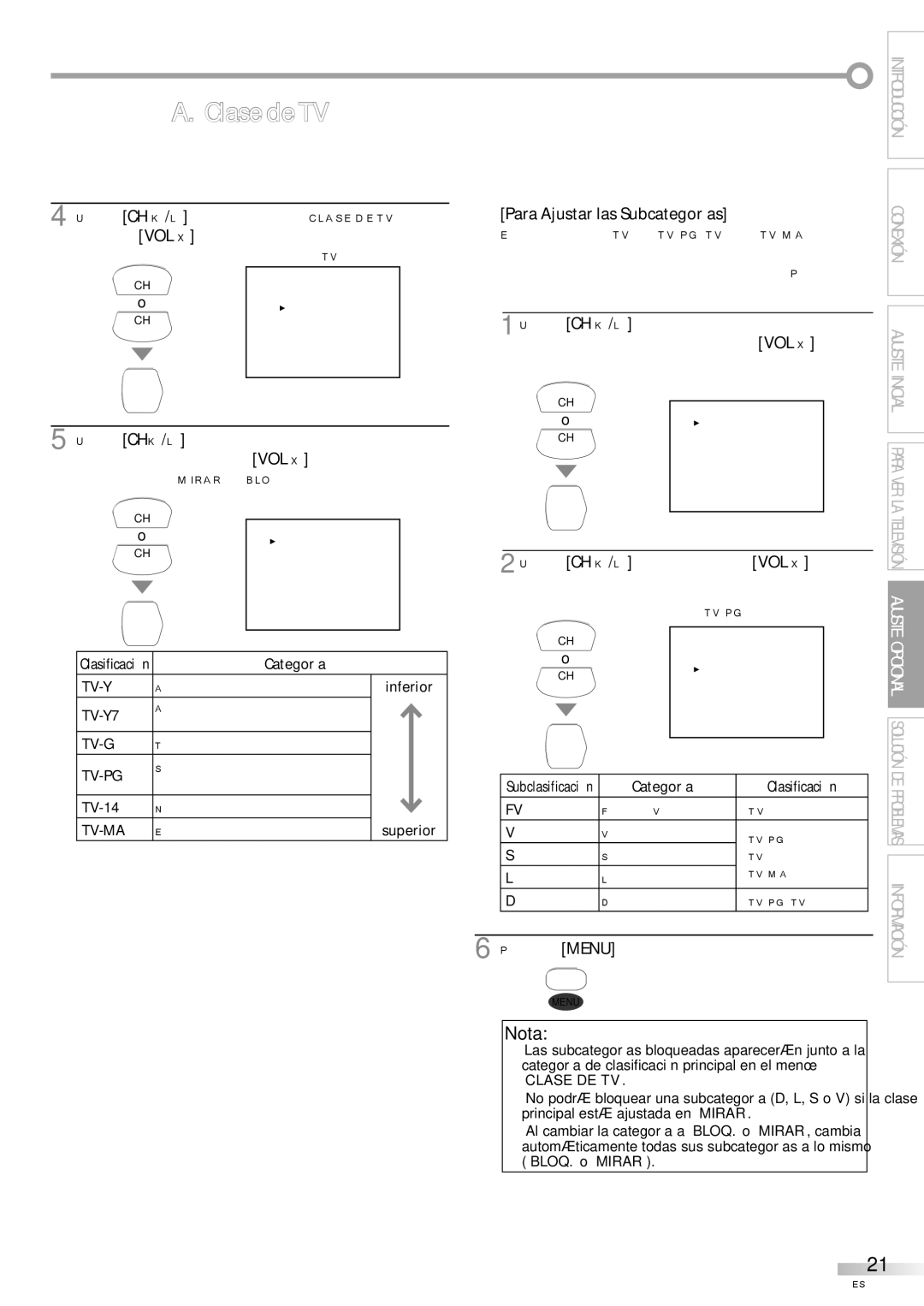 FUNAI CR320IL8 A owner manual Para Ajustar las Subcategorías, Ej. TV-PG, Categoría Clasificación 