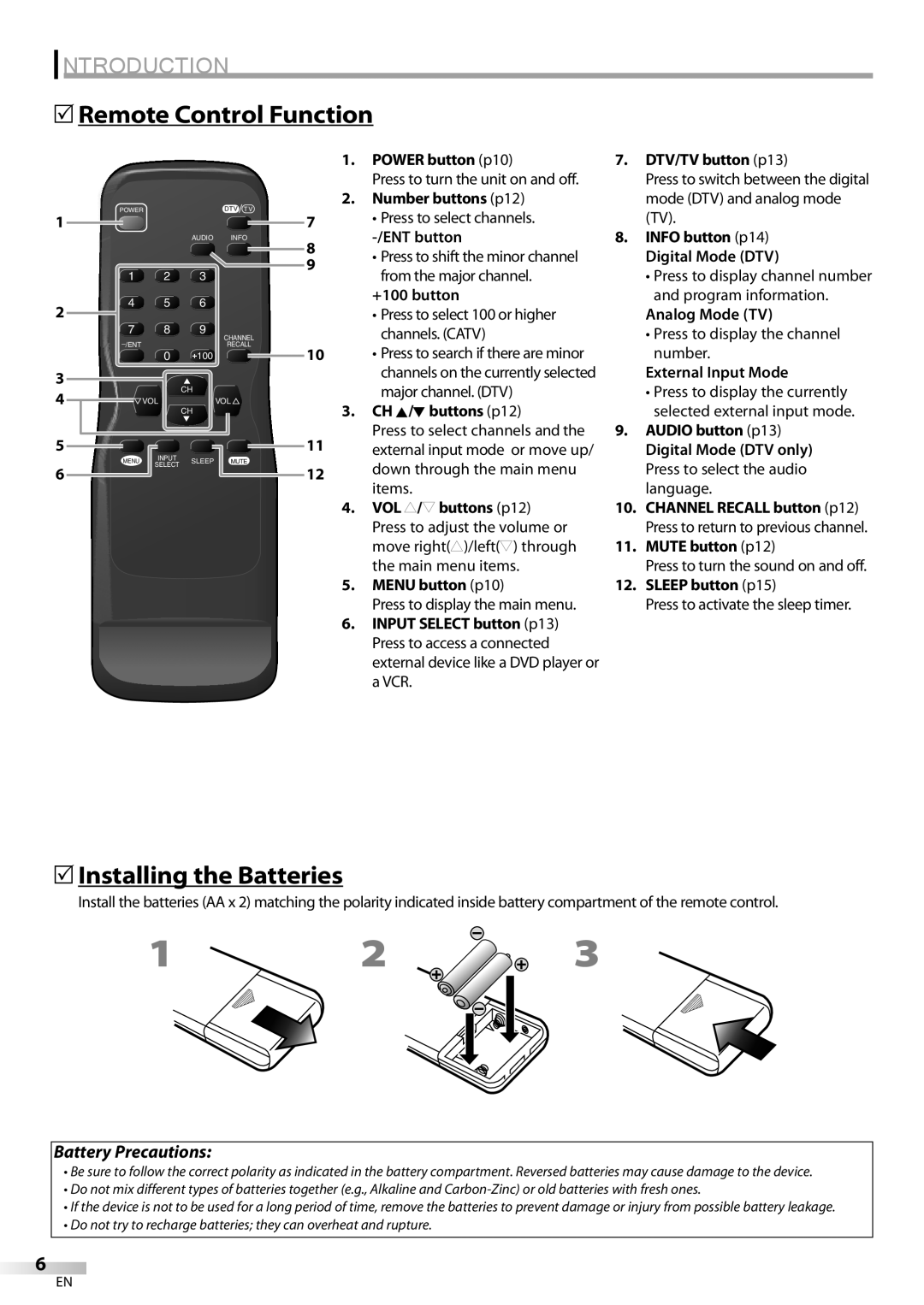 FUNAI CR320IL8 A owner manual 5Remote Control Function, 5Installing the Batteries 