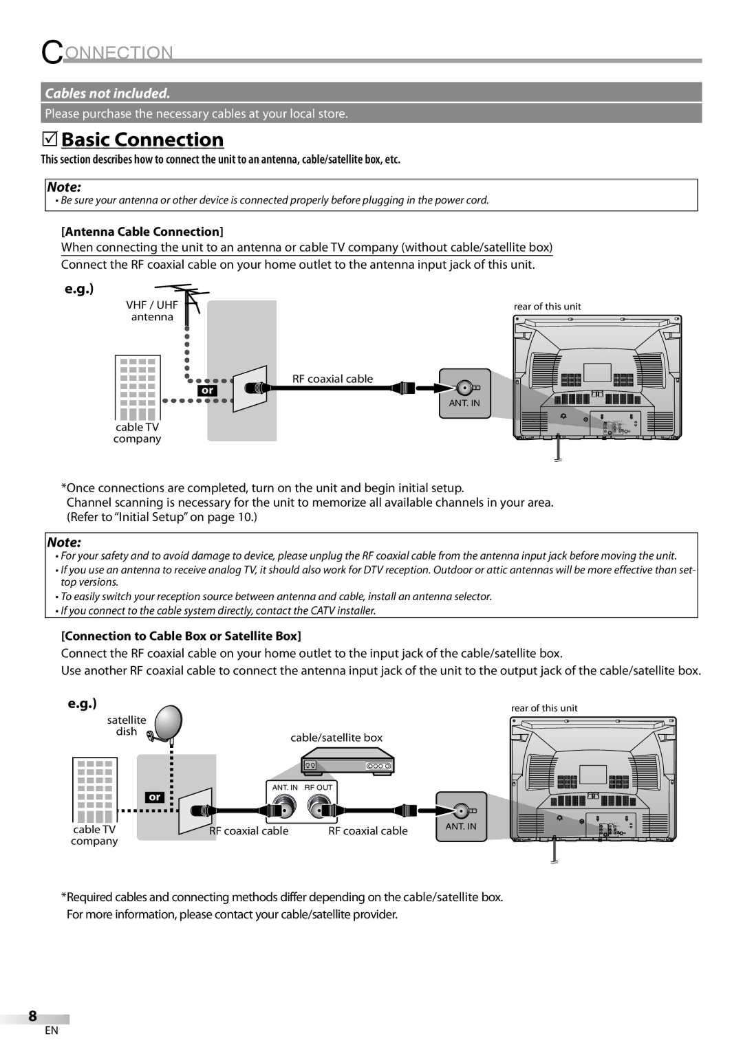 FUNAI CR320IL8 A owner manual 5Basic Connection, Antenna Cable Connection, Connection to Cable Box or Satellite Box 