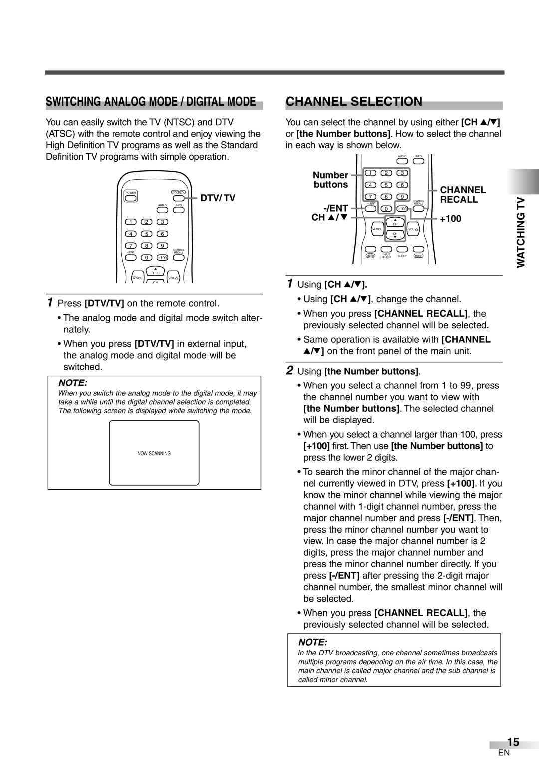 FUNAI CR320IL8 owner manual Channel Selection, Watching TV, Dtv/ Tv, Recall 