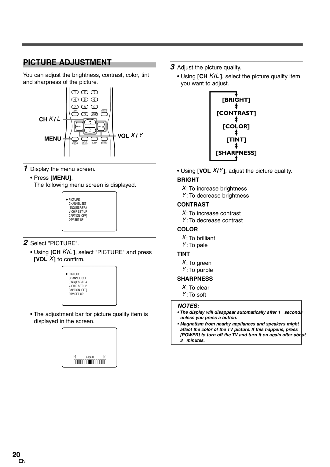 FUNAI CR320IL8 owner manual Picture Adjustment 