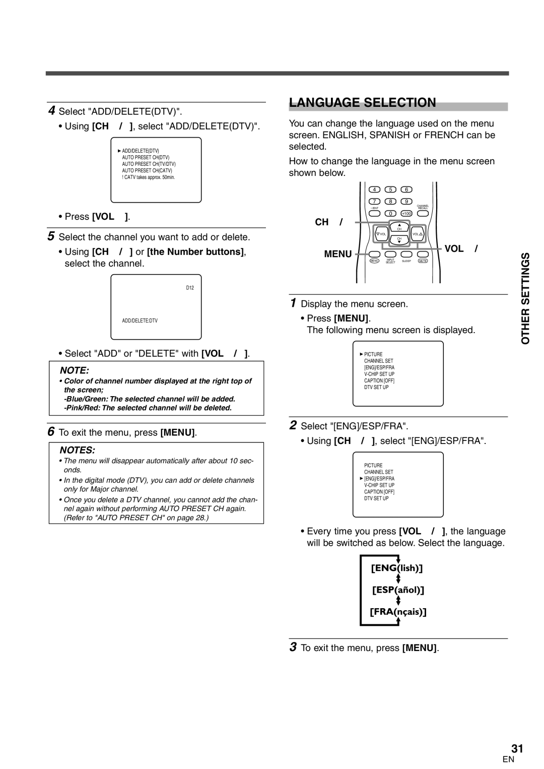 FUNAI CR320IL8 owner manual Language Selection, Other, Menu VOL X / Y 