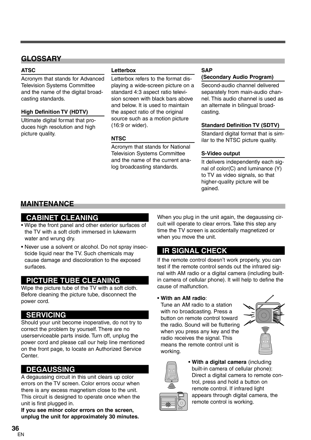 FUNAI CR320IL8 owner manual Glossary, Maintenance, Atsc, Ntsc, Sap 