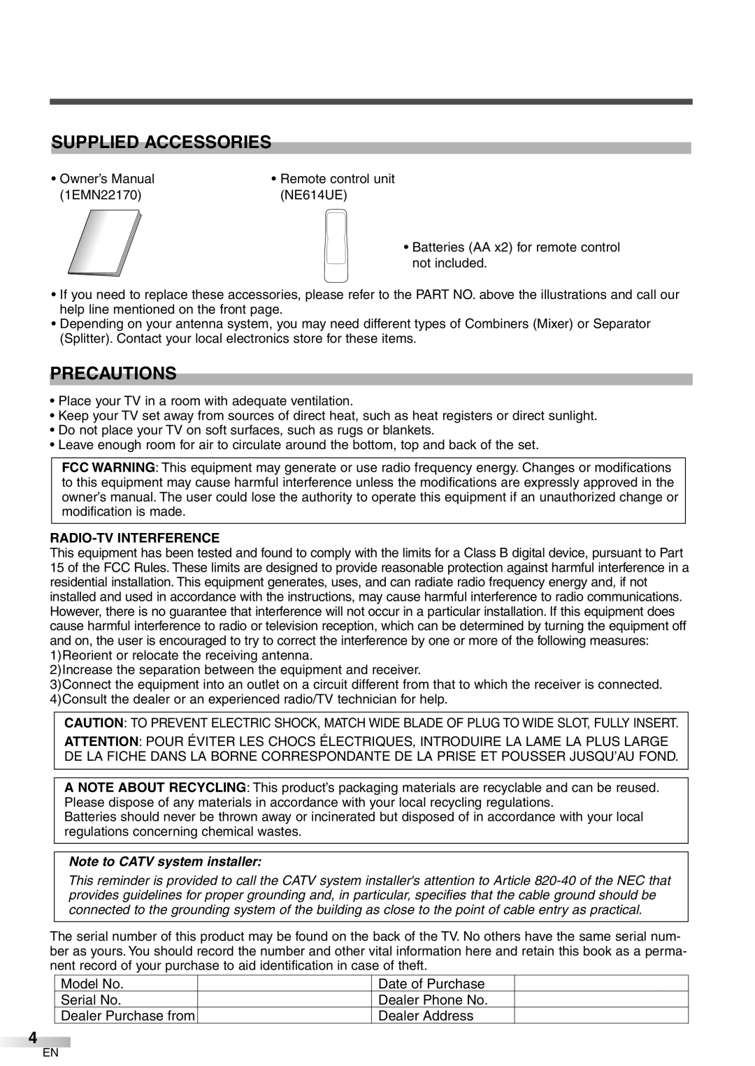 FUNAI CR320IL8 owner manual Supplied Accessories, Precautions, RADIO-TV Interference, Dealer Purchase from 