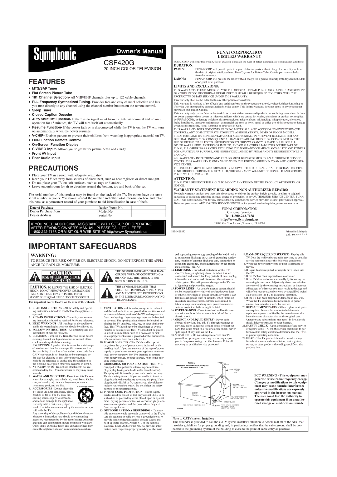 FUNAI CSF420G owner manual Important Safeguards, Features, Precautions, Funai Corporation Limited Warranty 