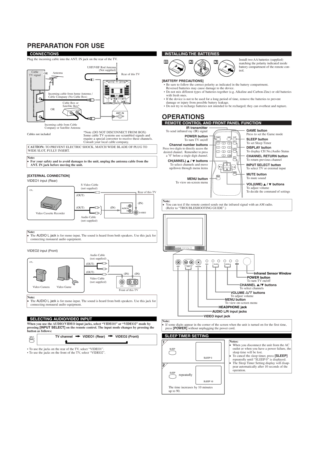 FUNAI CSF420G owner manual Preparation for USE, Operations 