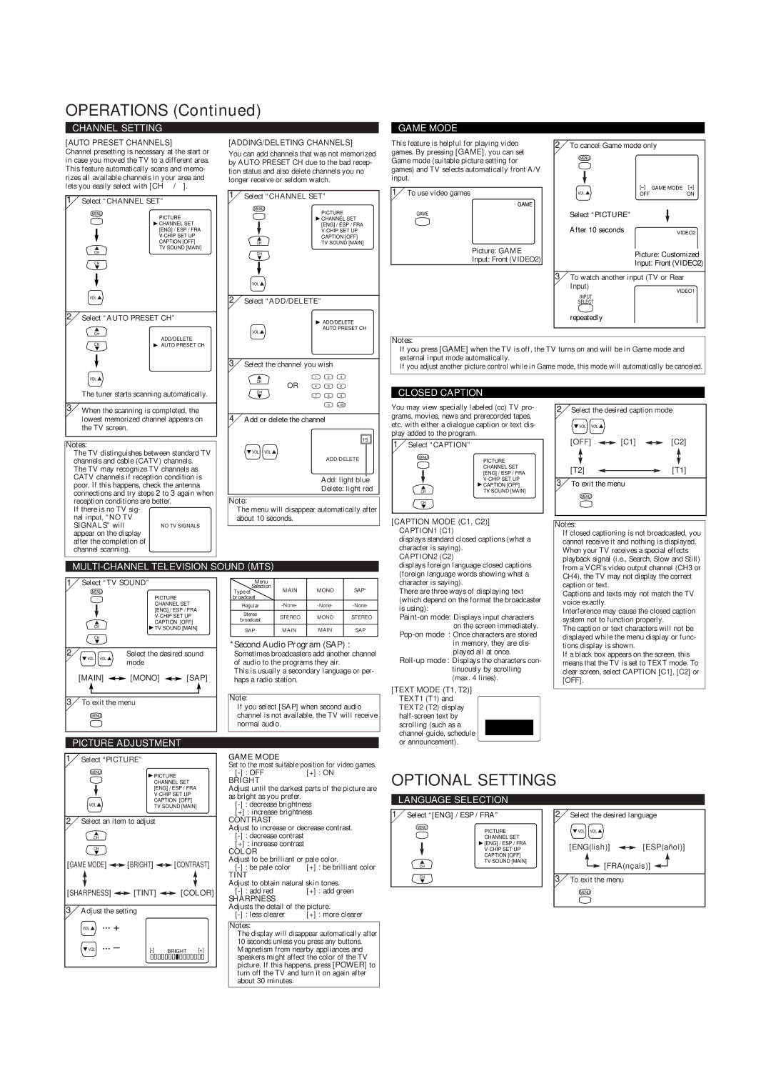 FUNAI CSF420G owner manual Operations, Optional Settings 