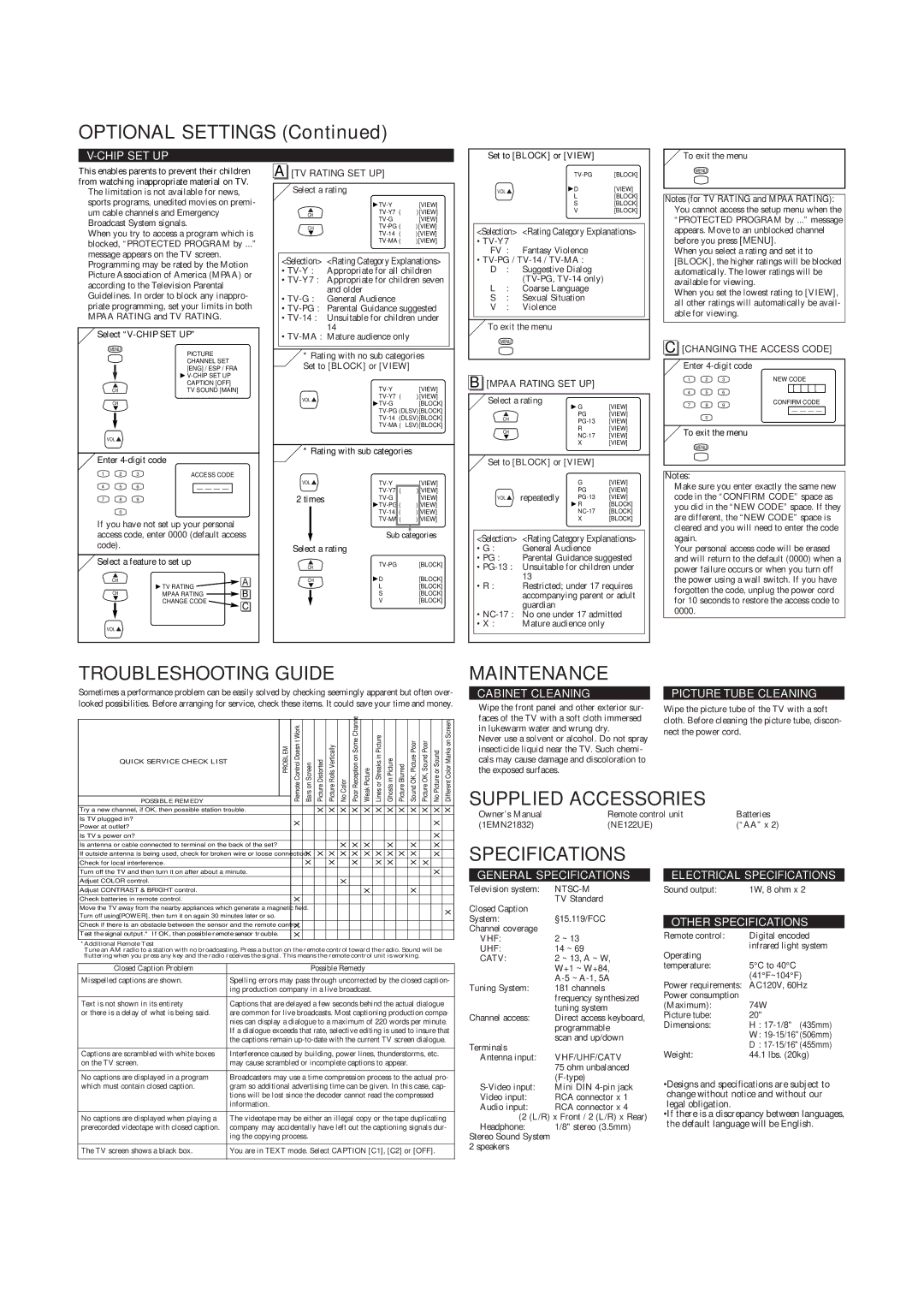 FUNAI CSF420G owner manual Optional Settings, Troubleshooting Guide, Maintenance, Specifications 