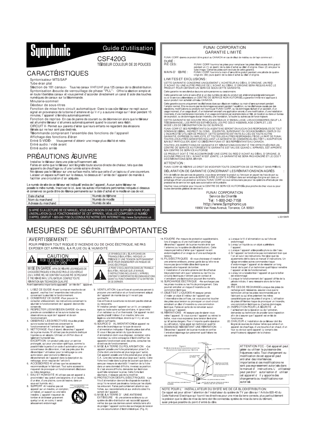 FUNAI CSF420G Mesures DE Sécurité Importantes, Caractéristiques, Précautions À Suivre, Funai Corporation Garantie Limitée 