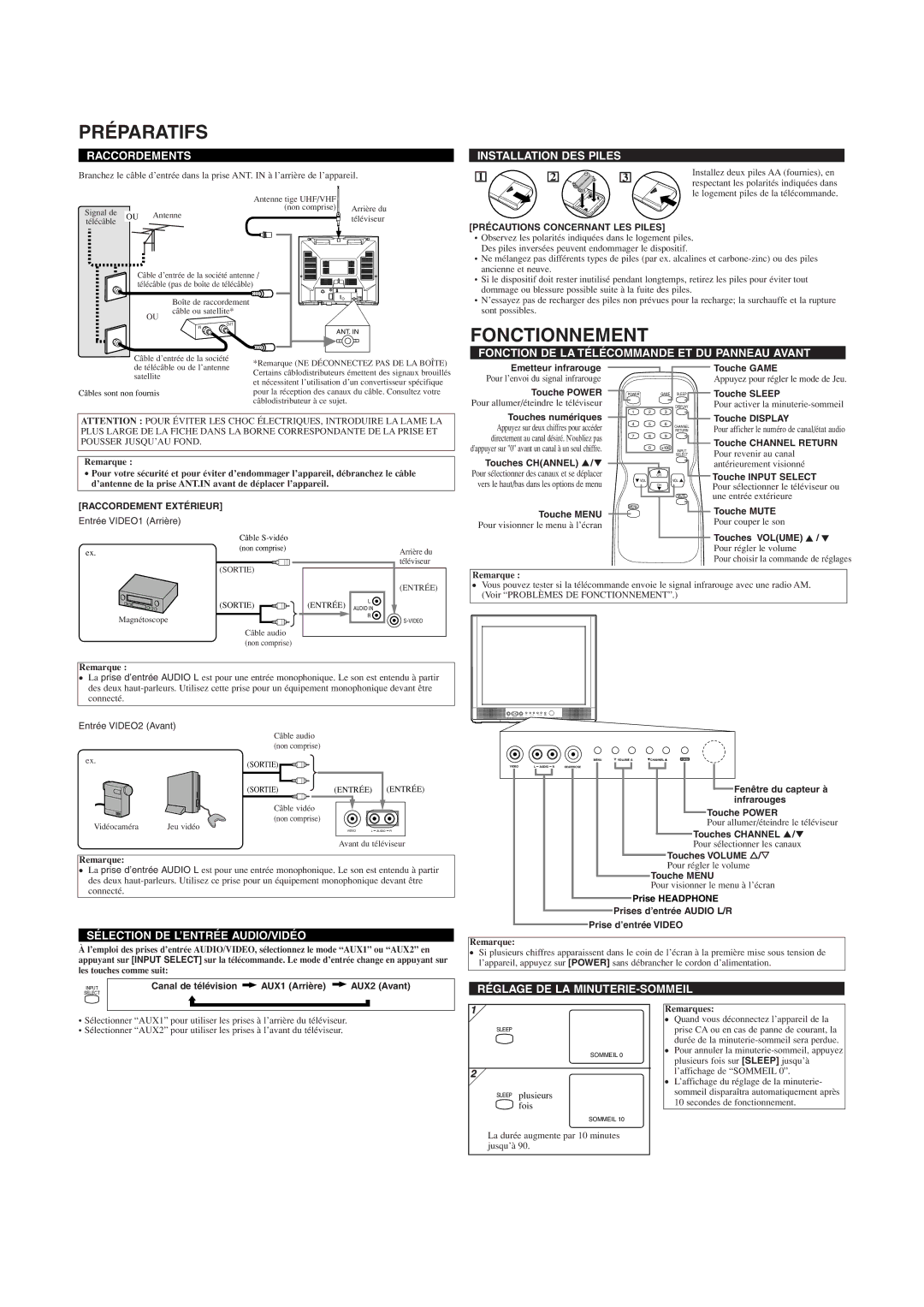 FUNAI CSF420G owner manual Préparatifs, Fonctionnement 