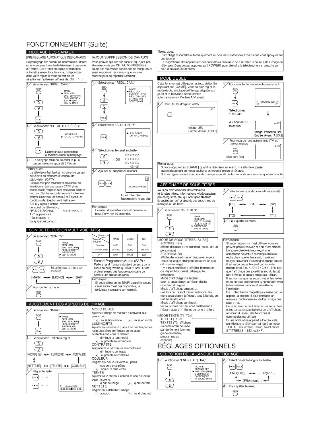 FUNAI CSF420G owner manual Fonctionnement Suite, Réglages Optionnels 