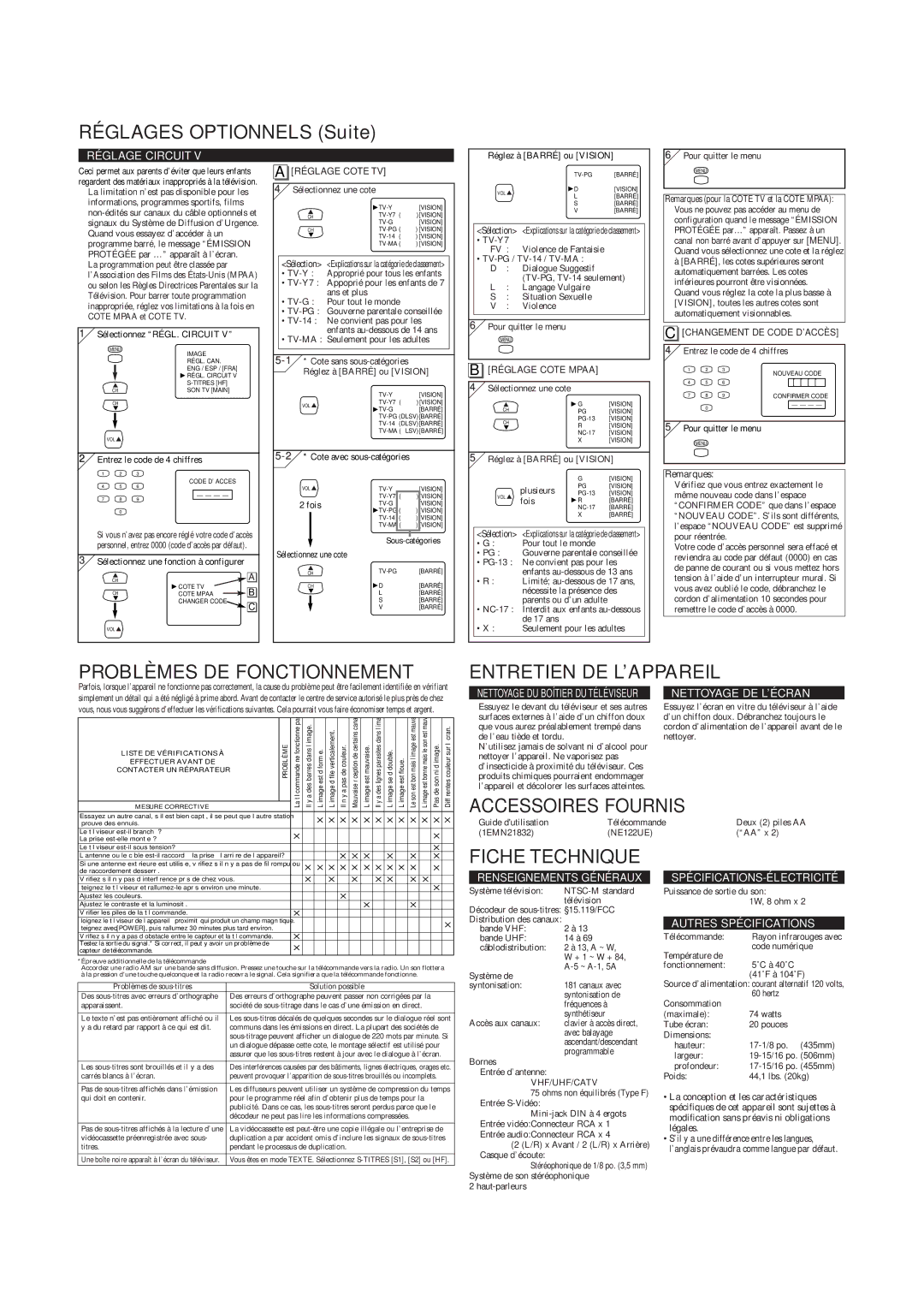 FUNAI CSF420G Réglages Optionnels Suite, Problèmes DE Fonctionnement, Entretien DE L’APPAREIL, Accessoires Fournis 