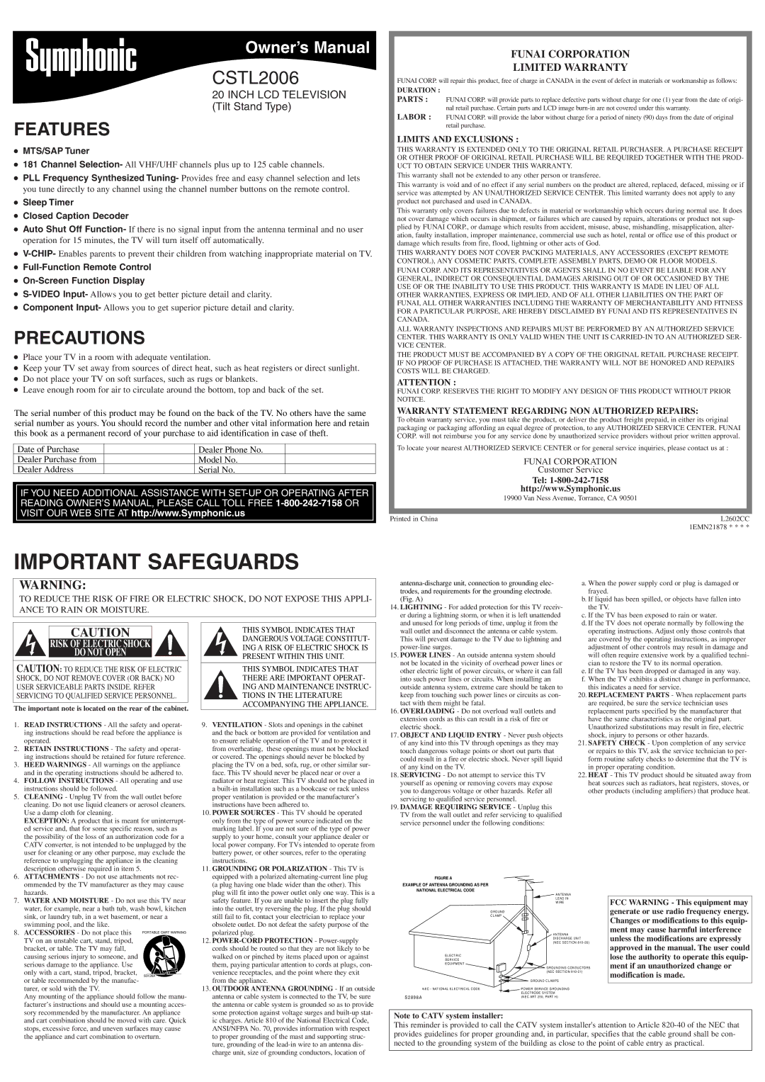 FUNAI CSTL2006 owner manual Features, Precautions, MTS/SAP Tuner, Sleep Timer Closed Caption Decoder 