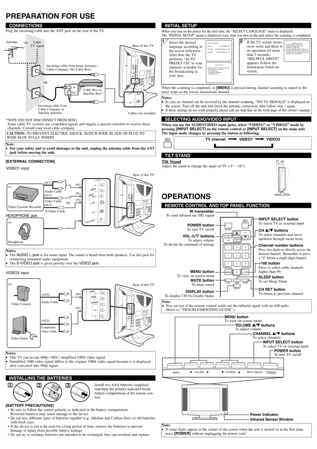 FUNAI CSTL2006 owner manual Preparation for USE, Operations 