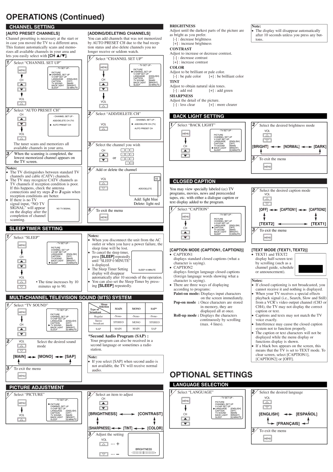 FUNAI CSTL2006 owner manual Optional Settings 