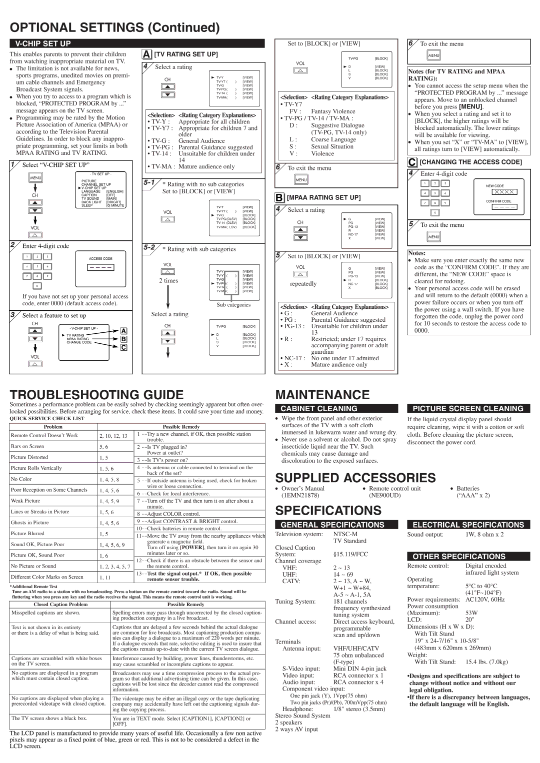 FUNAI CSTL2006 owner manual Troubleshooting Guide, Maintenance, Supplied Accessories, Specifications 