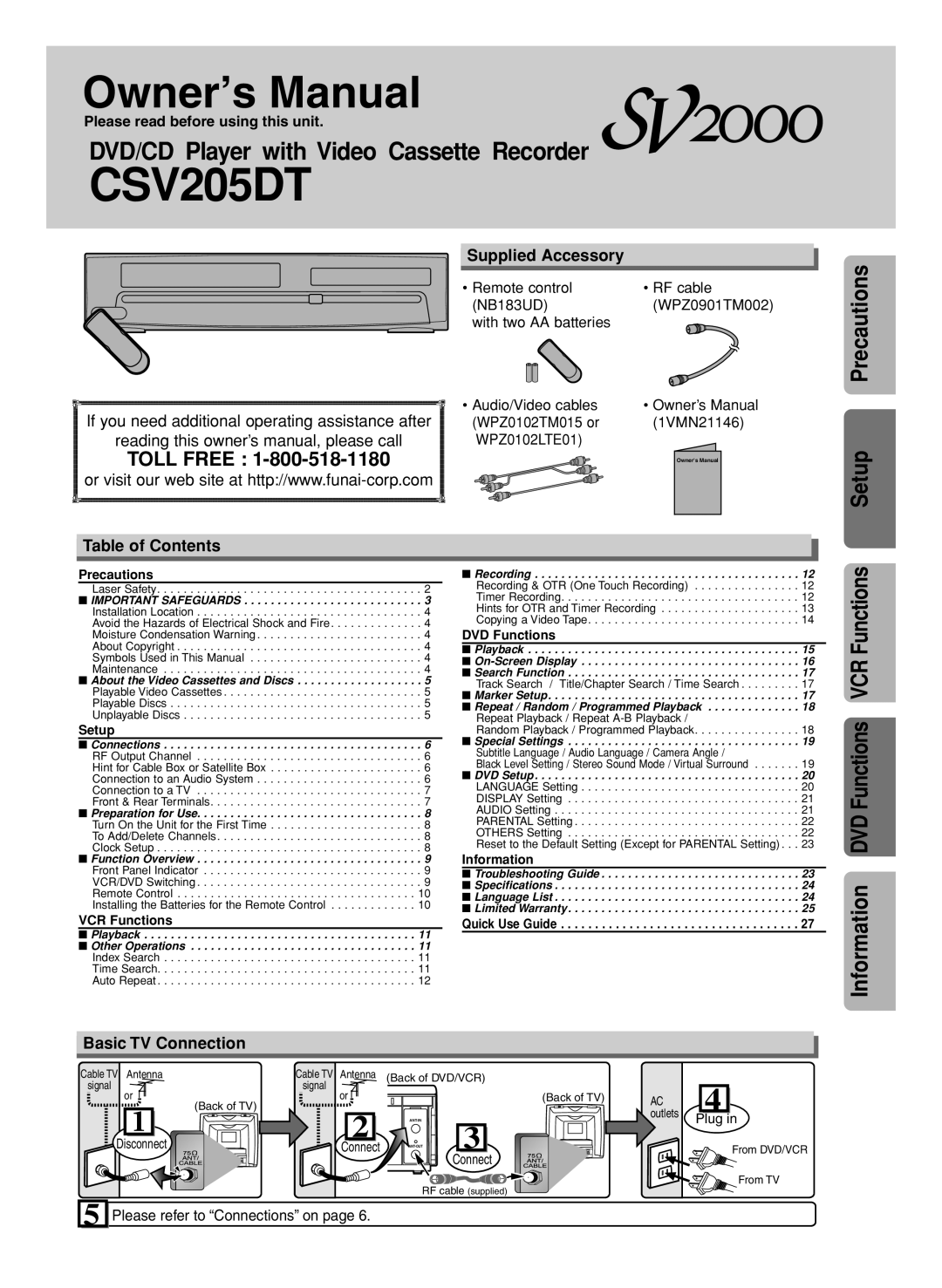 FUNAI CSV205DT owner manual Supplied Accessory, Table of Contents, Basic TV Connection 