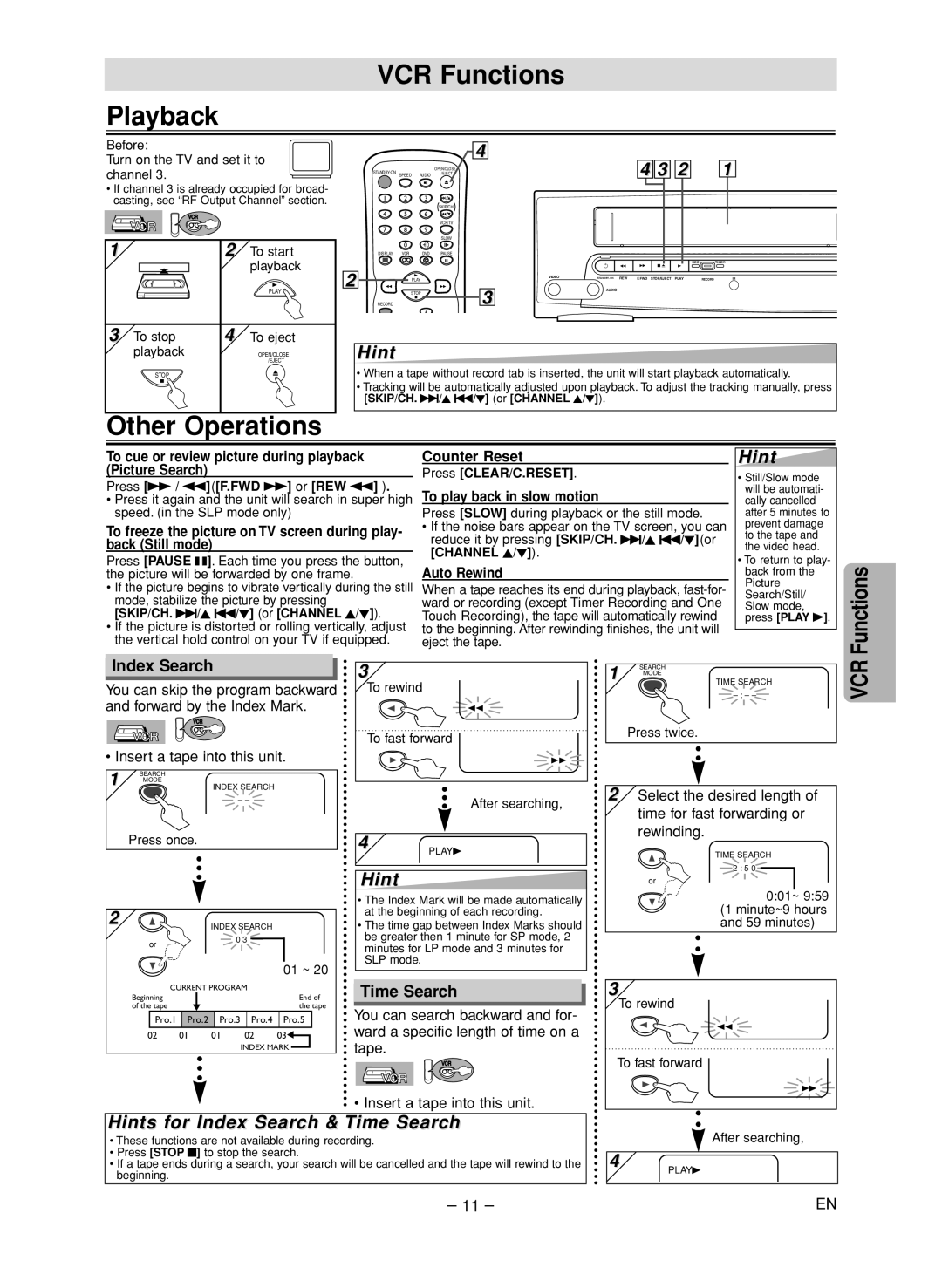 FUNAI CSV205DT owner manual VCR Functions Playback, Other Operations, Hints for Index Search & Time Search 