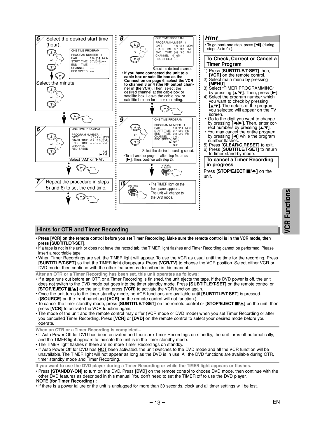 FUNAI CSV205DT owner manual Hints for OTR and Timer Recording, To Check, Correct or Cancel a Timer Program 