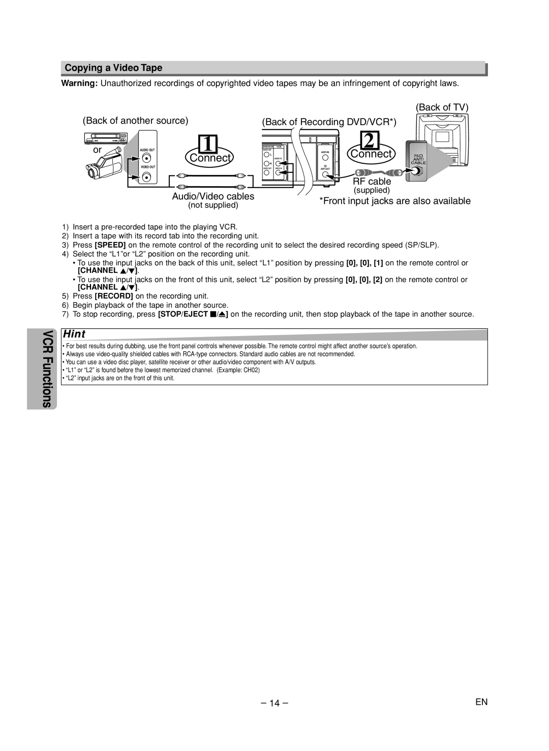 FUNAI CSV205DT owner manual Copying a Video Tape, Not supplied, Supplied 